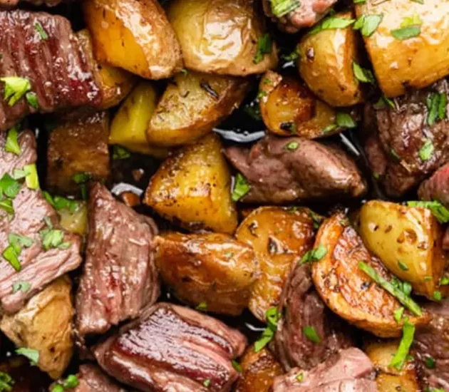 قطع اللحم بالزبدة والثوم مع بطاطس